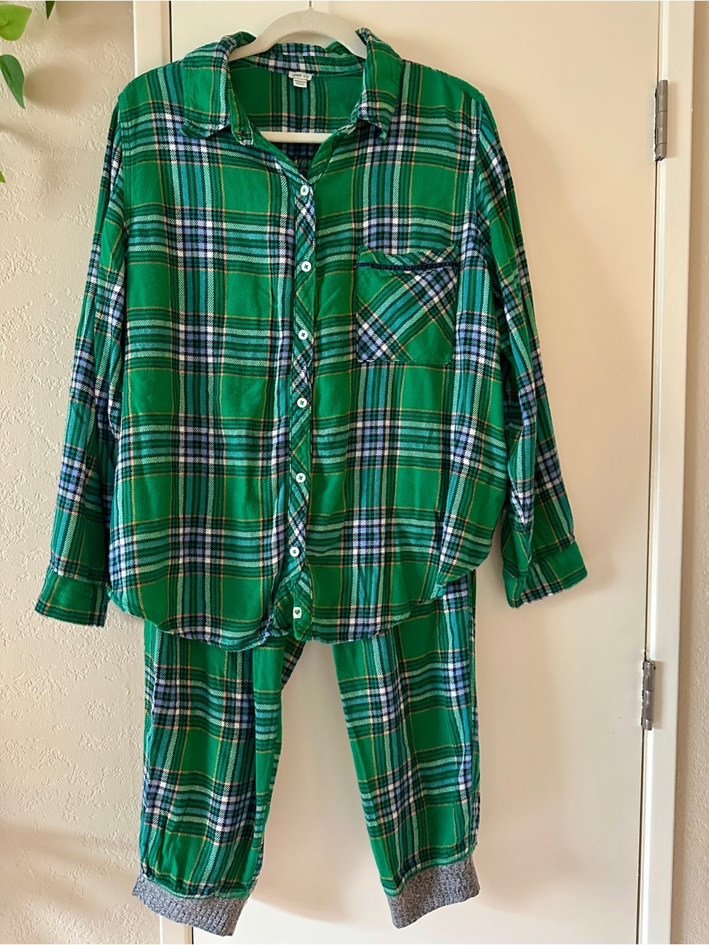 aerie Green Plaid Button-Up Pajama Set XL